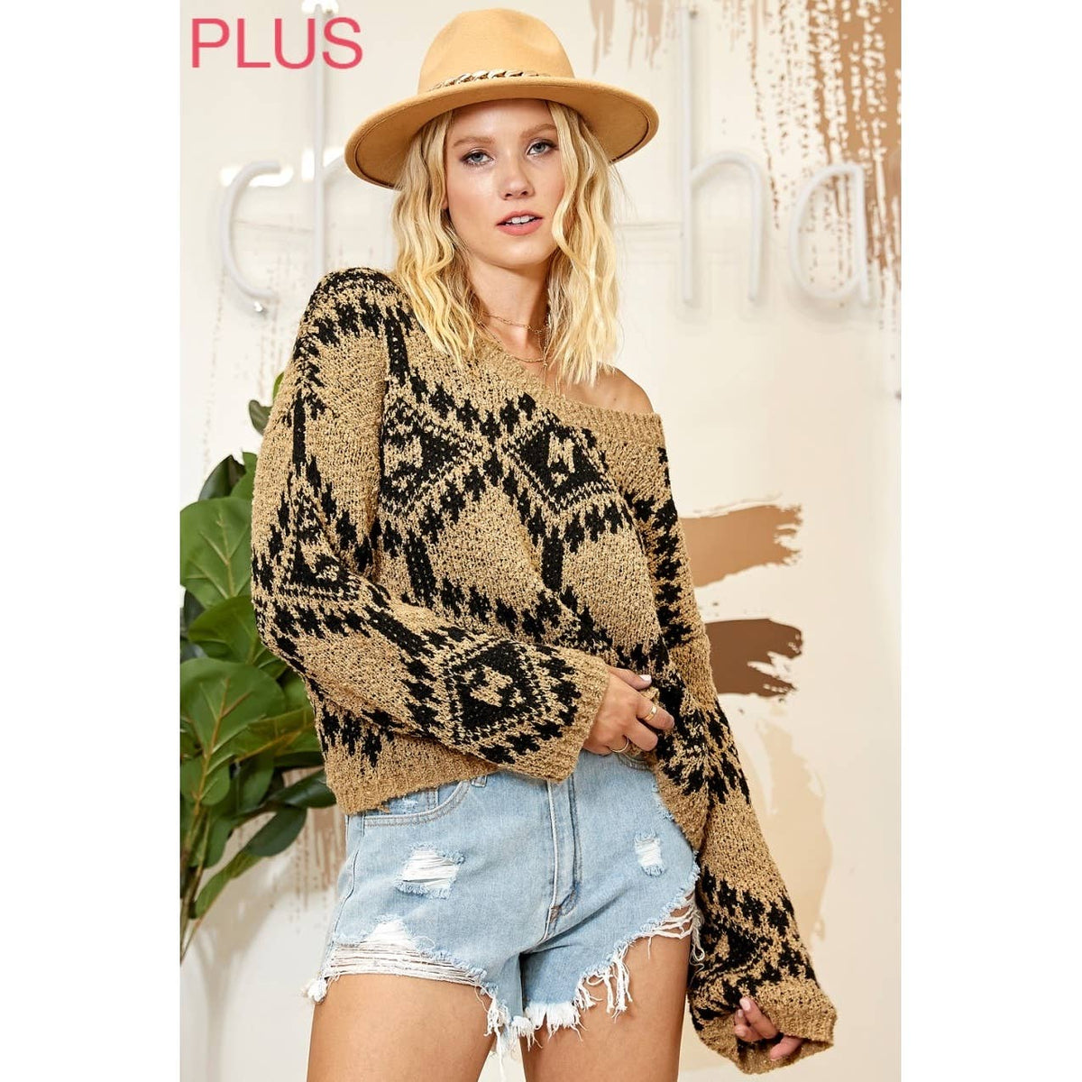 PLUS MULTI PATTERN SWEATER KNIT PULLOVER