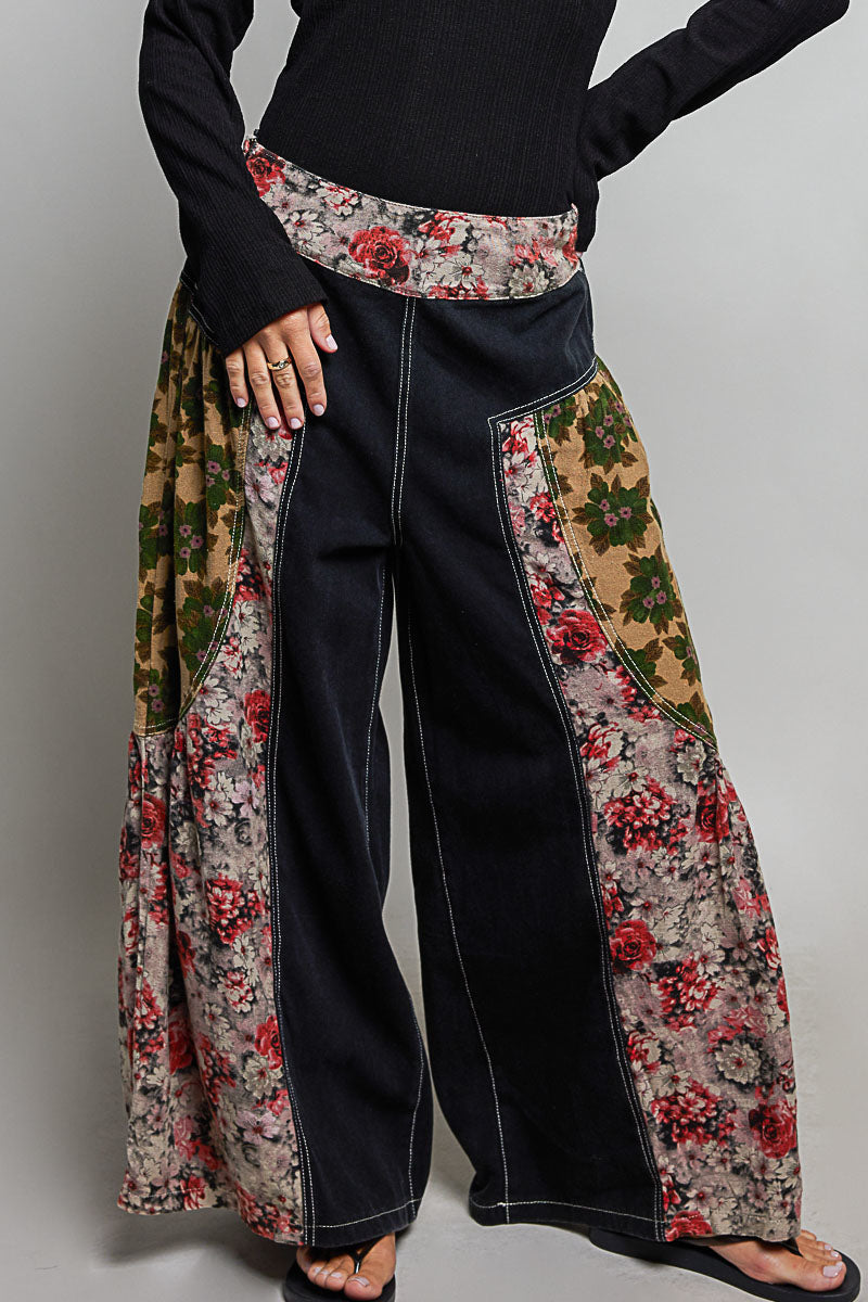 POL Vintage Floral Patchwork Wide-Leg Pants