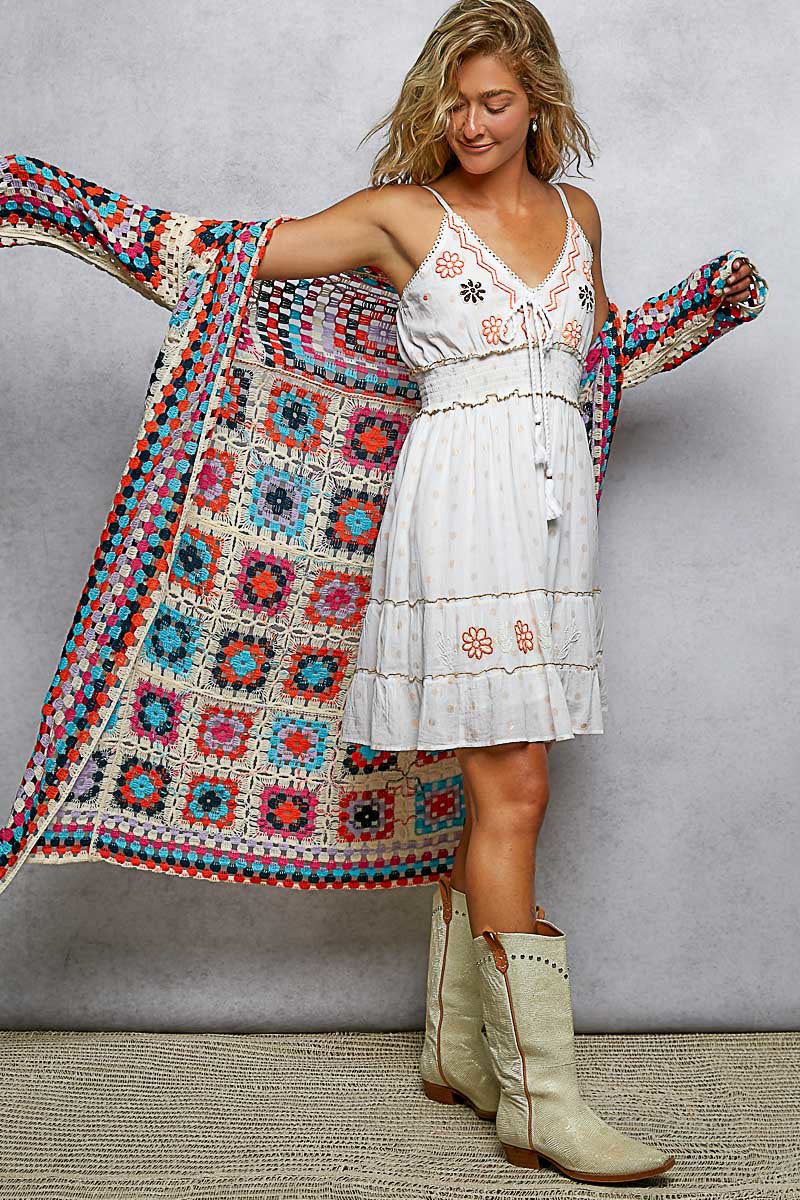 POL Beige Multi Oversized Crochet Knit Cardigan