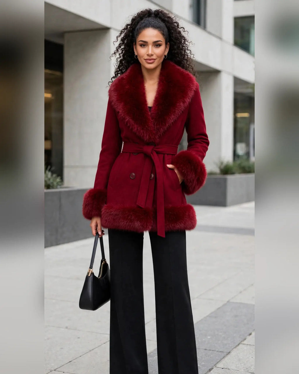CLAWJ0120: Women's Belted Faux Fur Collar Wrap Coat