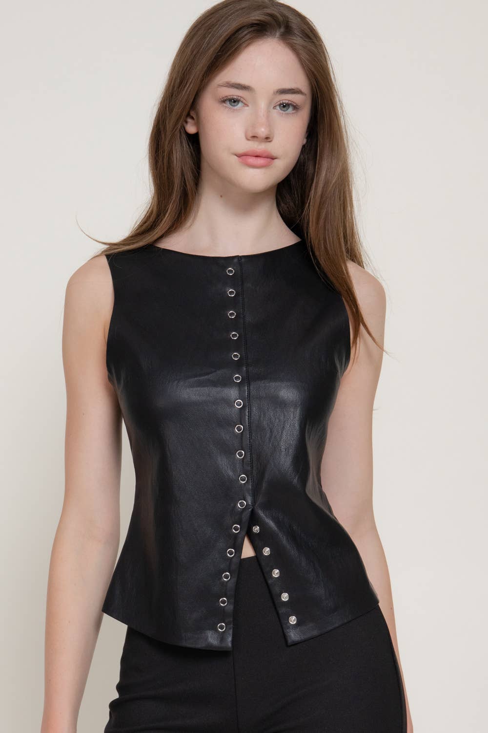 Sleeveless Crew Neck Studded Faux Leather Top