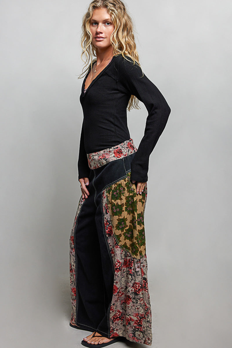 POL Vintage Floral Patchwork Wide-Leg Pants