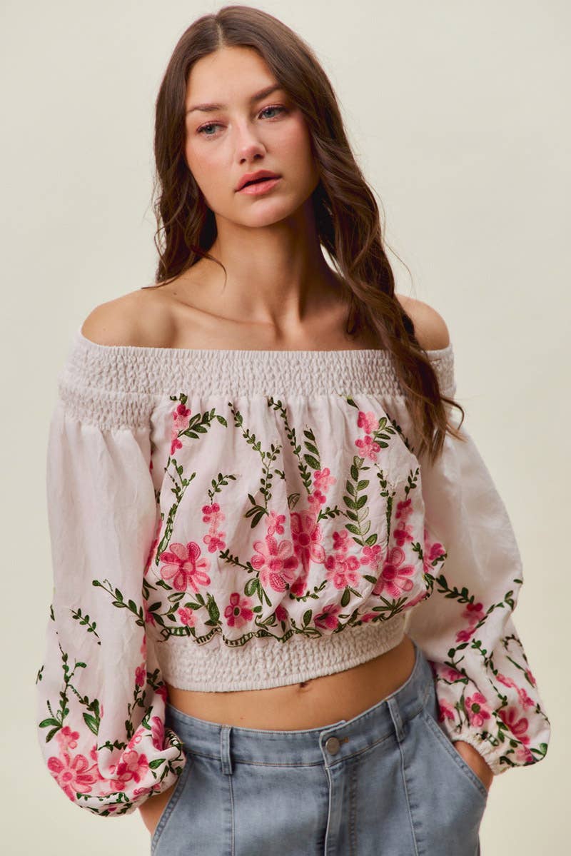FLORAL EMBROIDERED OFF THE SHOULDER CROP TOP
