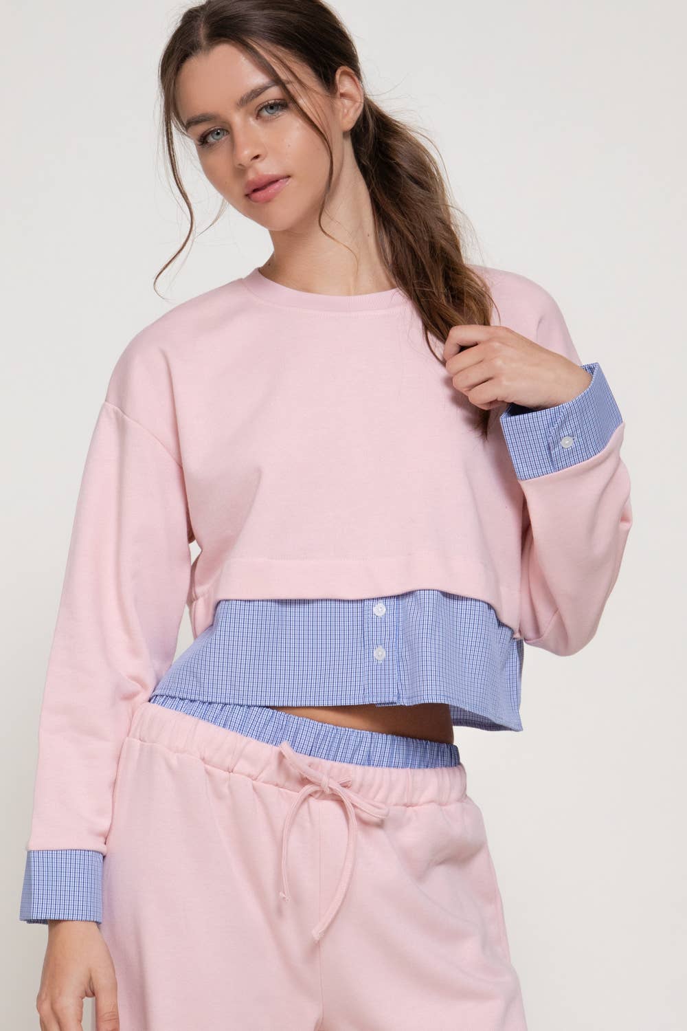 Long Sleeve Sweatshirt with Contrasting Check Panel