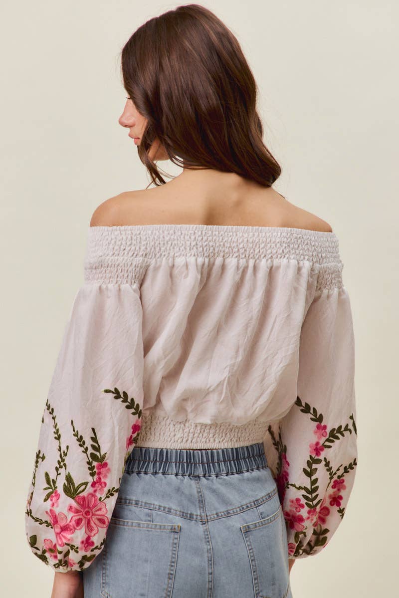 FLORAL EMBROIDERED OFF THE SHOULDER CROP TOP