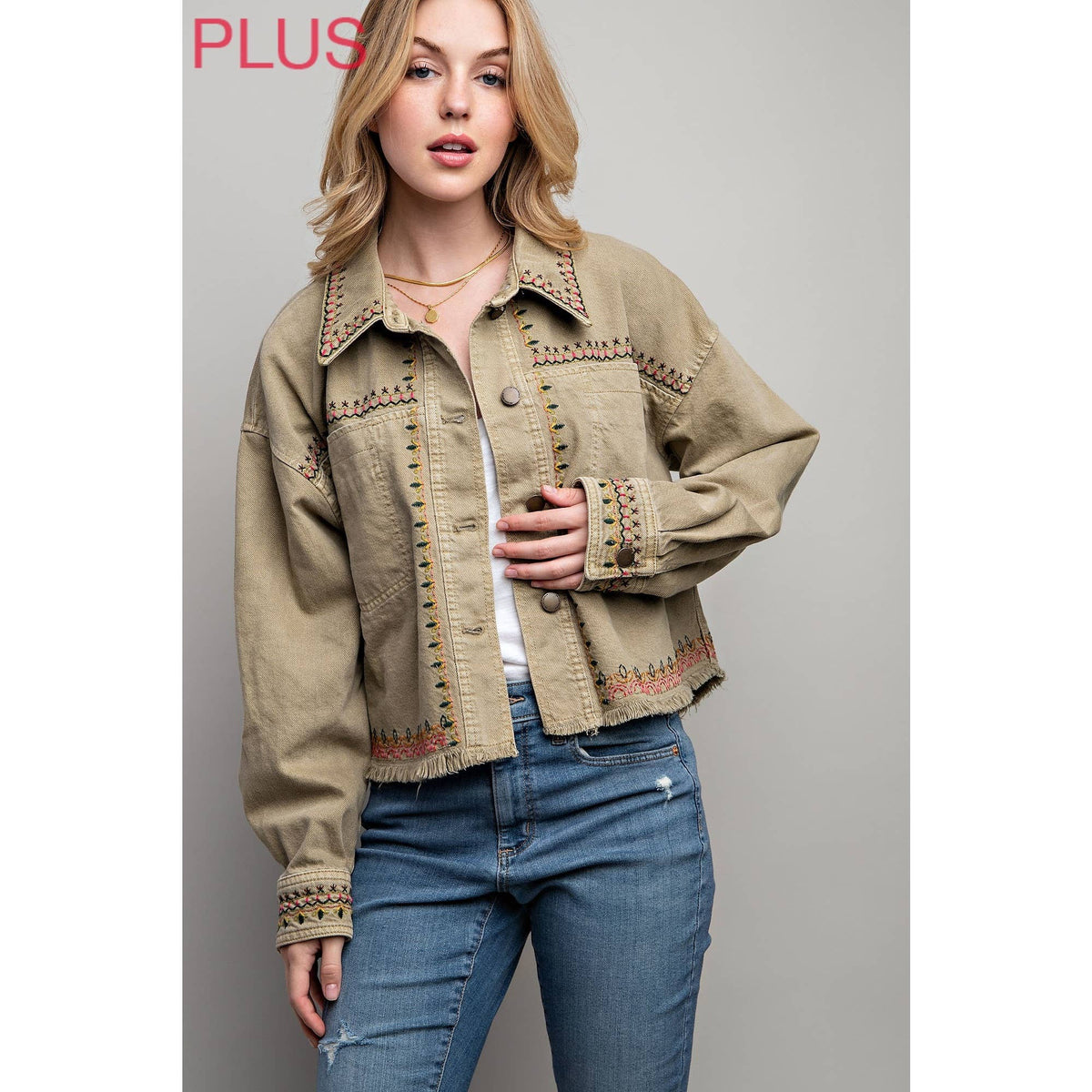 PLUS EMBROIDERED WASH COTTON JACKET