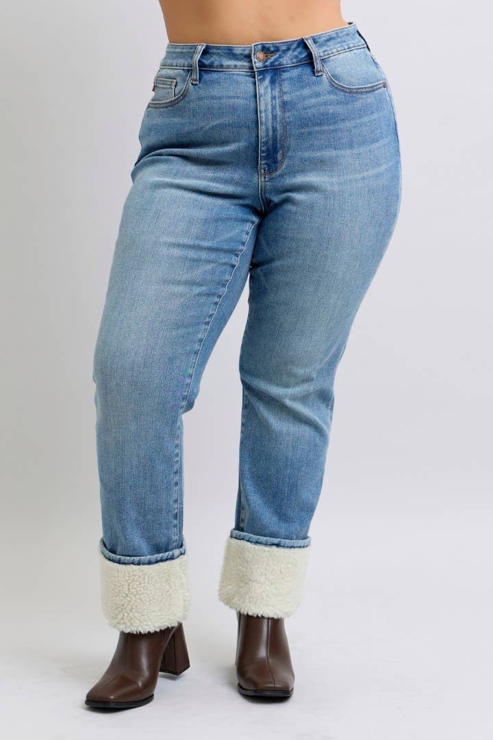 High Waisted Shearling Cuff Straight- PLUS