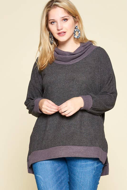 Plus Size Hacci Brush Cowl Neck Pullover