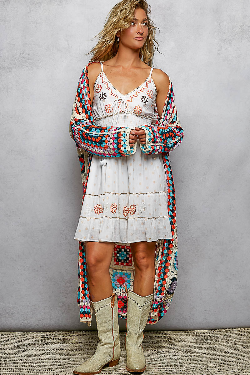 POL Beige Multi Oversized Crochet Knit Cardigan