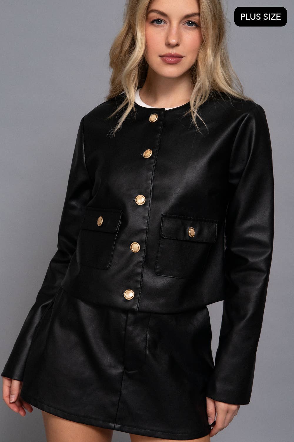 [PLUS SIZE] Long Sleeve Button Down Faux Leather Jacket