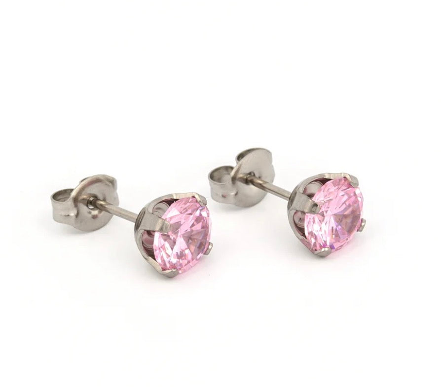 6mm Pink CZ Stud S/S (Sensitive Ear)