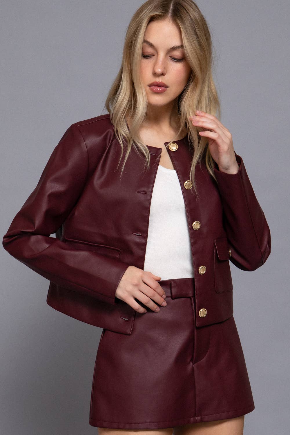 Long Sleeve Button Down Faux Leather Jacket