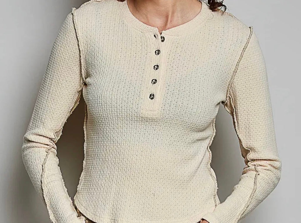 POL Pine Green Long-Sleeve Button-Detail Knit Top