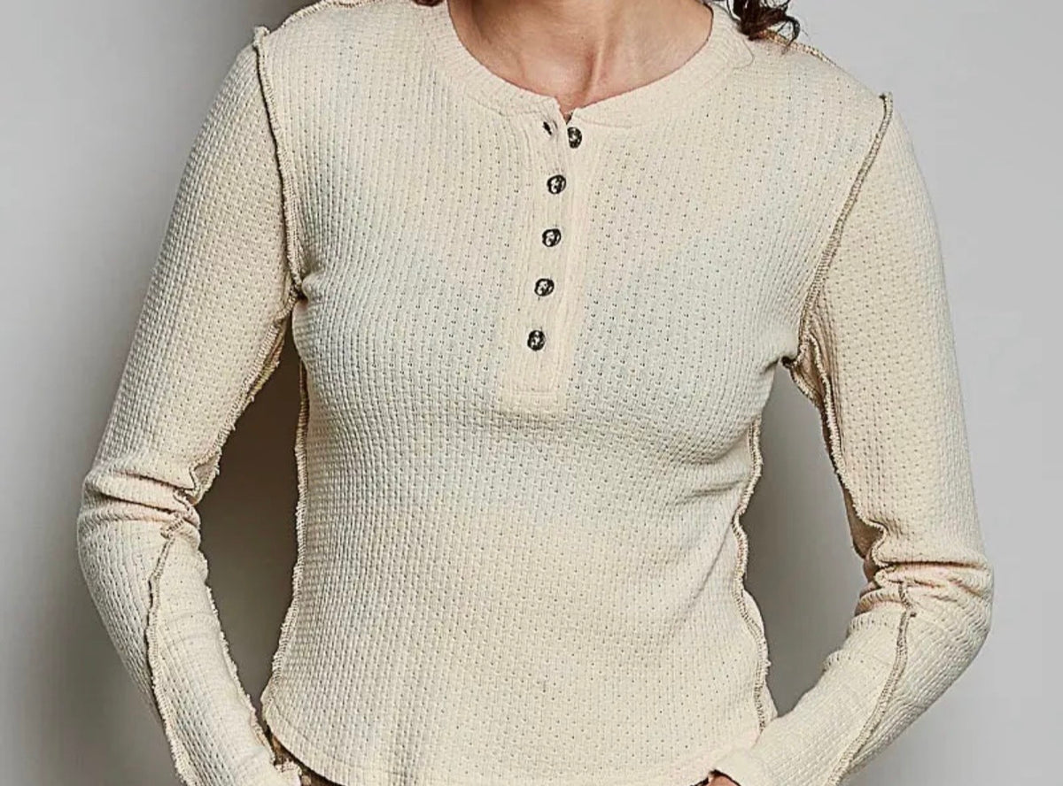 POL Pine Green Long-Sleeve Button-Detail Knit Top