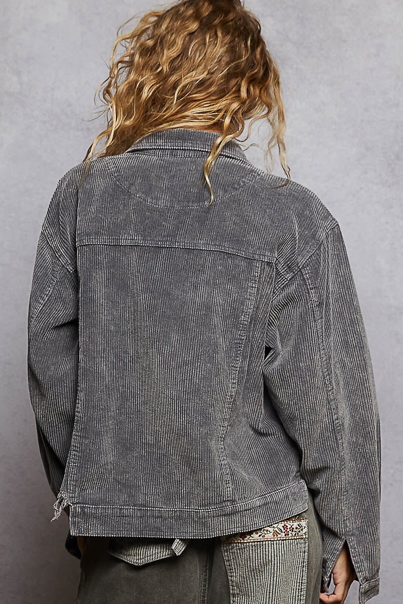POL Deep Charcoal Relaxed-Fit Corduroy Trucker Jacket
