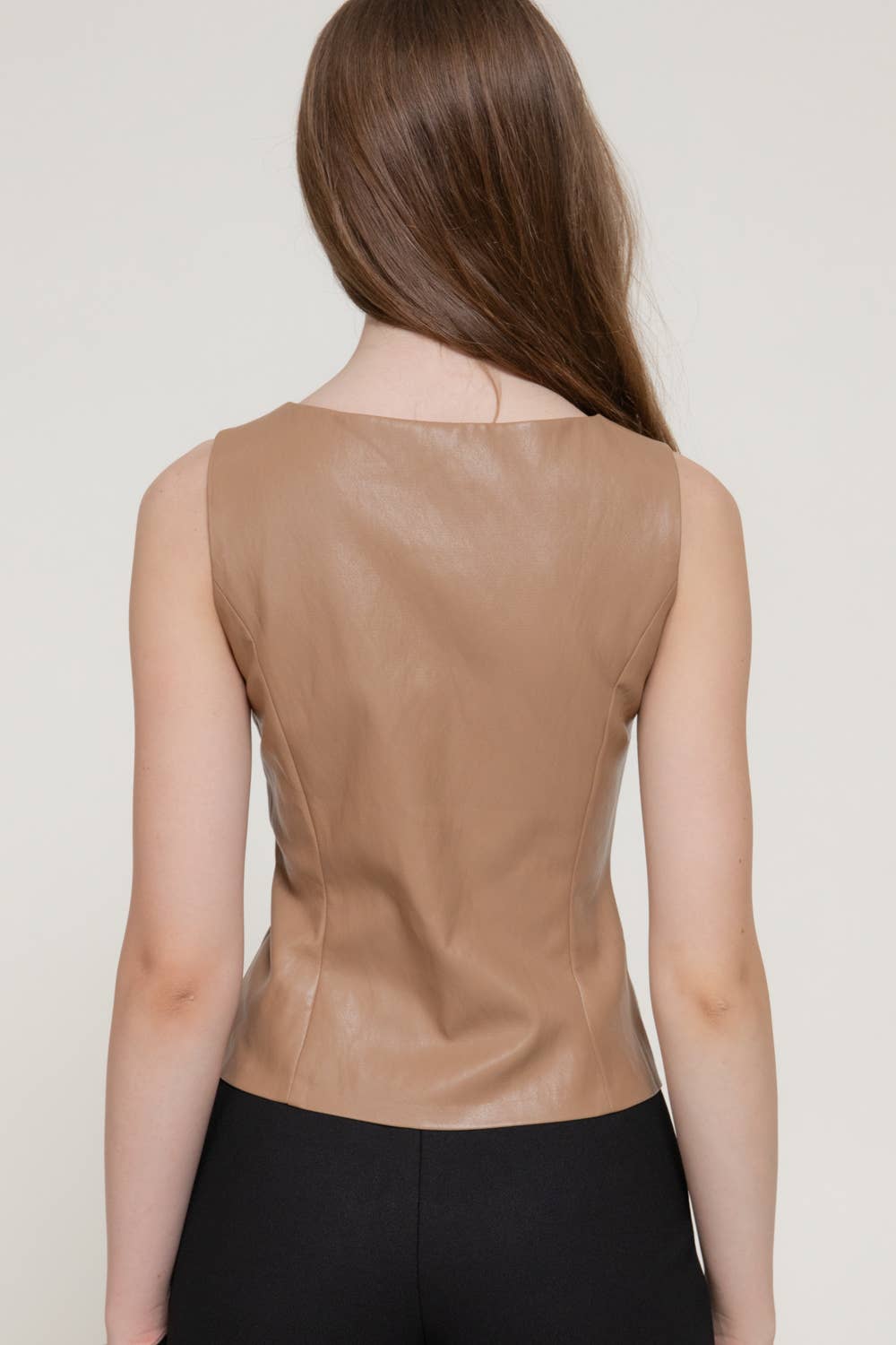 Sleeveless Crew Neck Studded Faux Leather Top