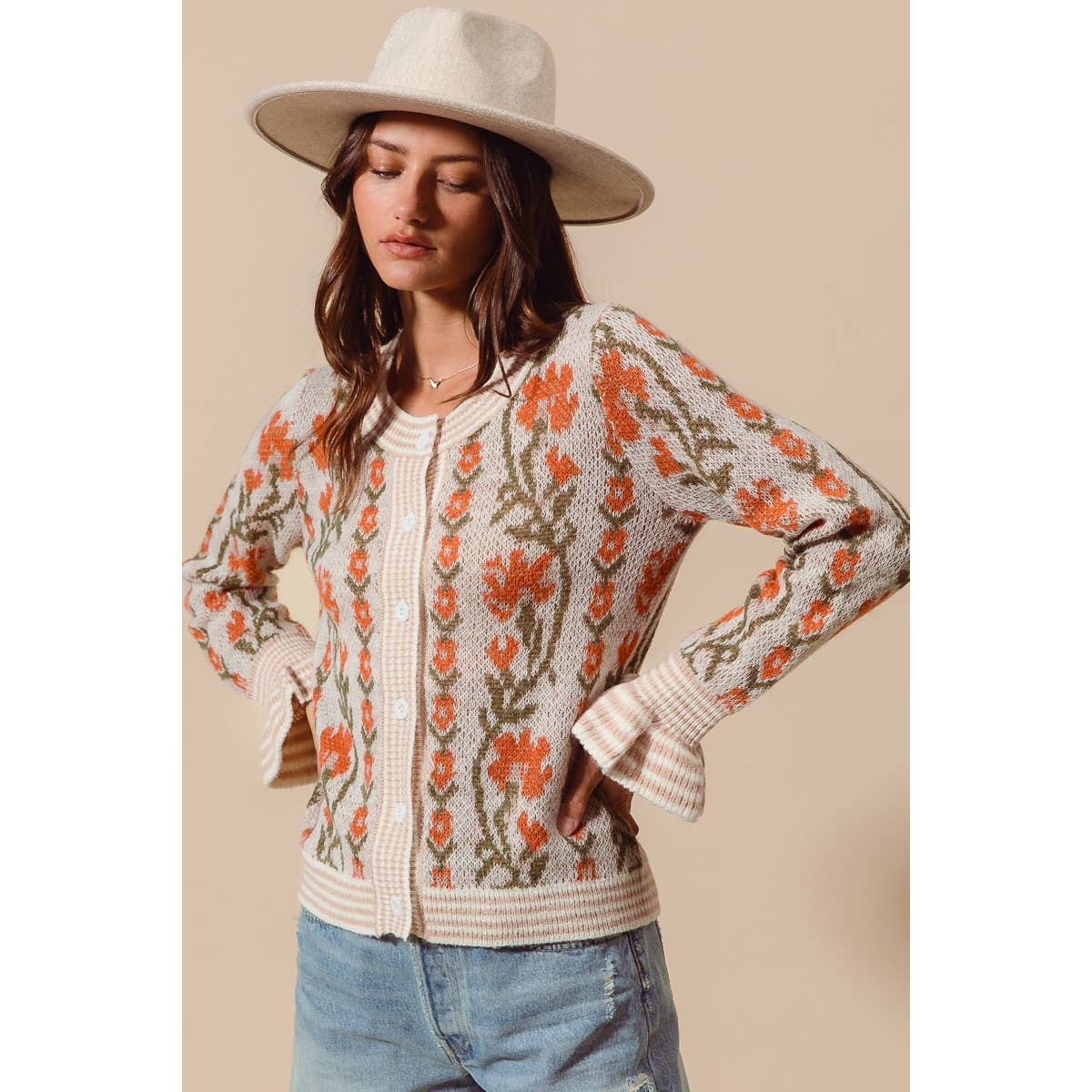 FLORAL INTARSIA BUTTON UP SWEATER CARDIGAN