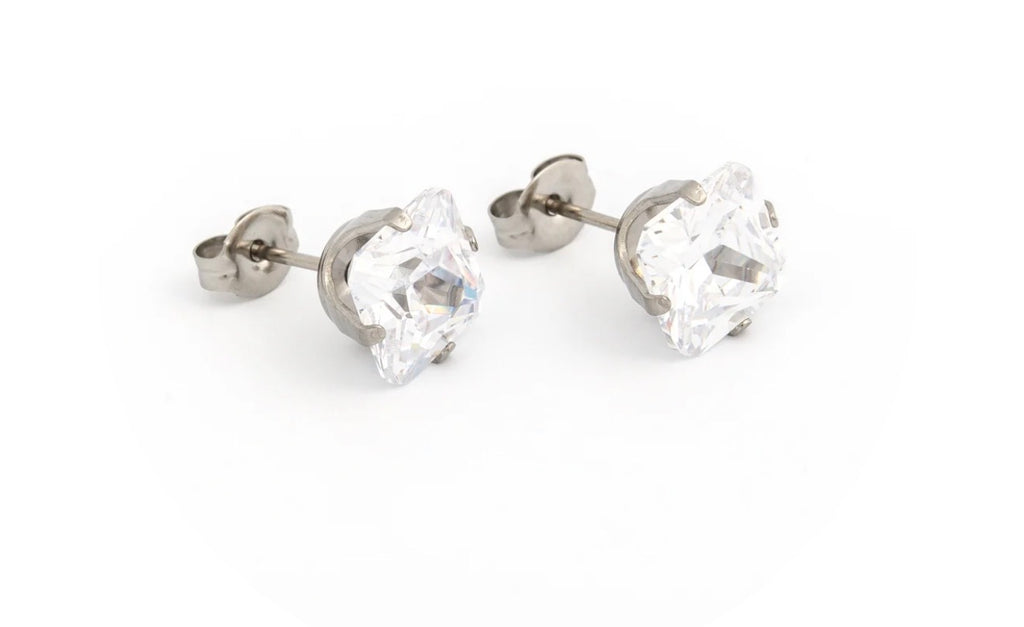 8x8mm CZ Princess Cut Stud S/S (Sensitive Ear)
