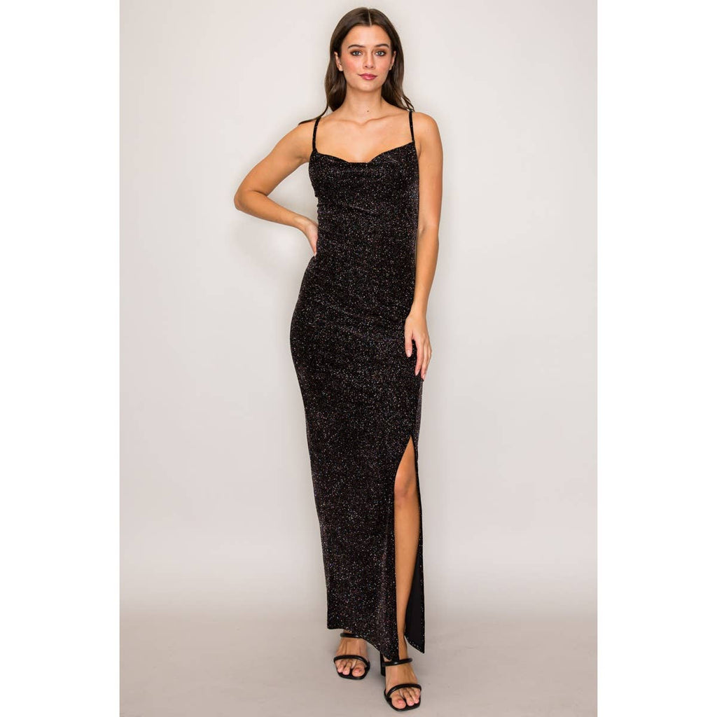 Open Back Cowl Neck Glitter Velvet Maxi Dress