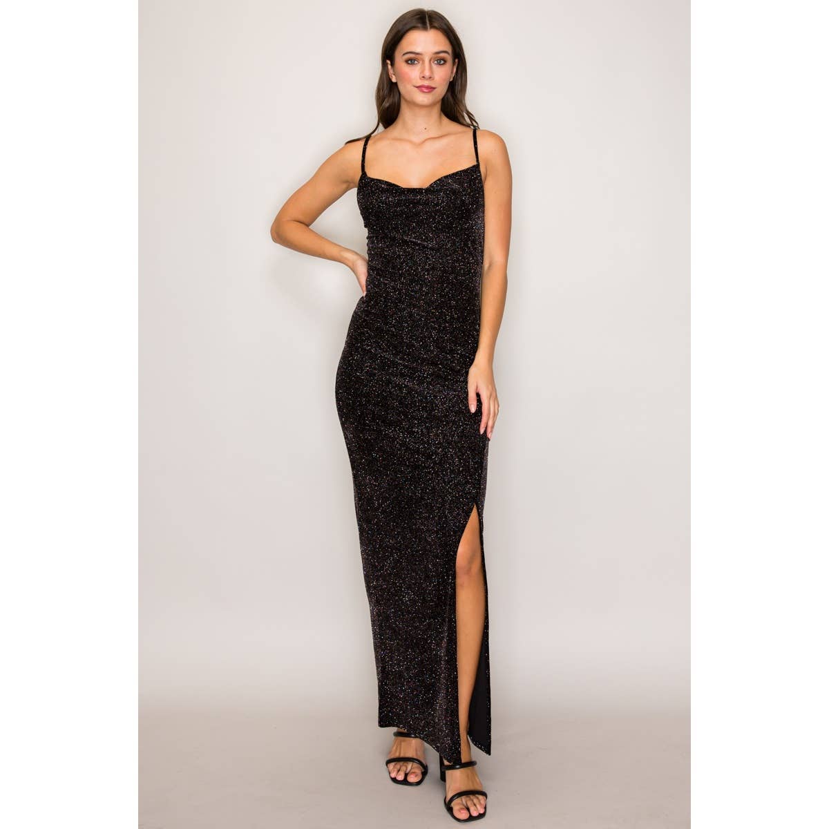 Open Back Cowl Neck Glitter Velvet Maxi Dress