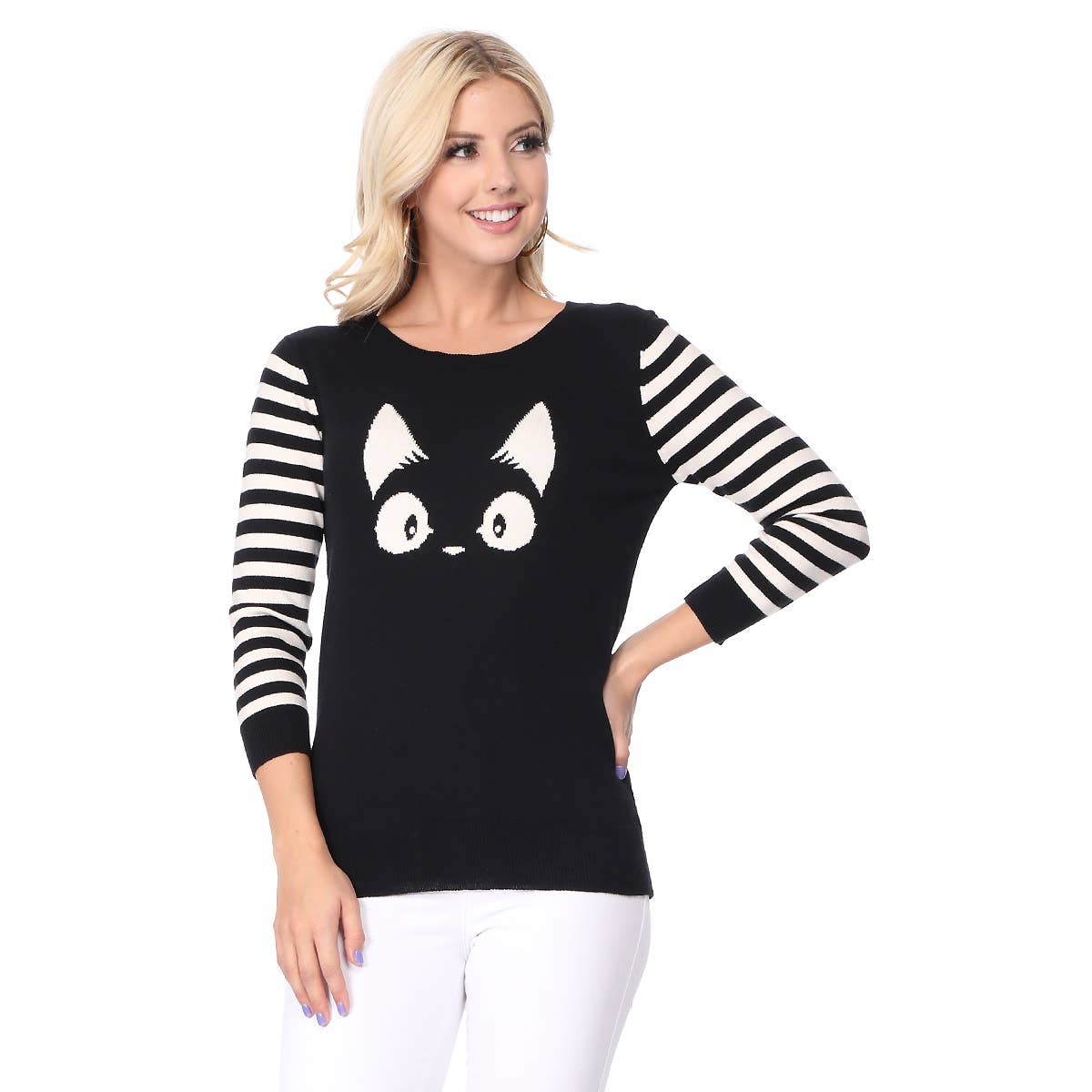 3/4 Sleeve Kitty Cat Crewneck Pullover Sweater MK3375
