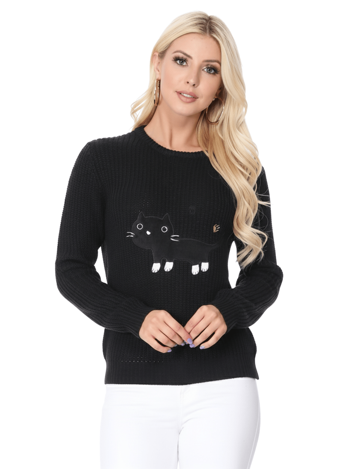 Crewneck BLACK Cat Applique Knit Pullover Sweater MK8207