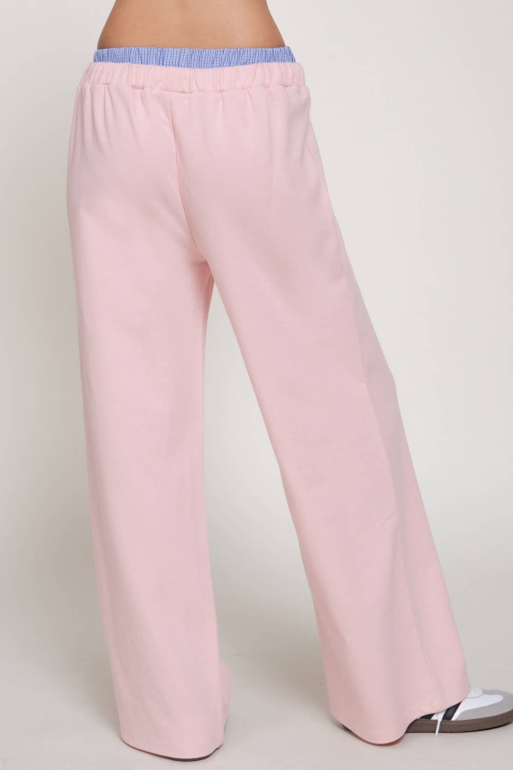 Elastic Waist Long Pants with Contrasting Check Panel