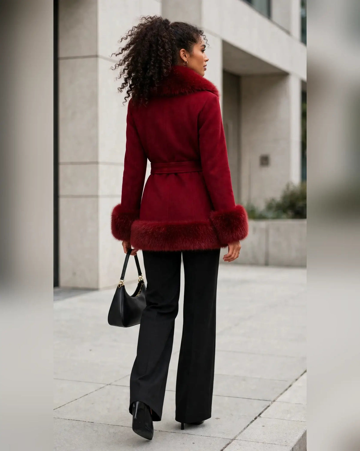 CLAWJ0120: Women's Belted Faux Fur Collar Wrap Coat