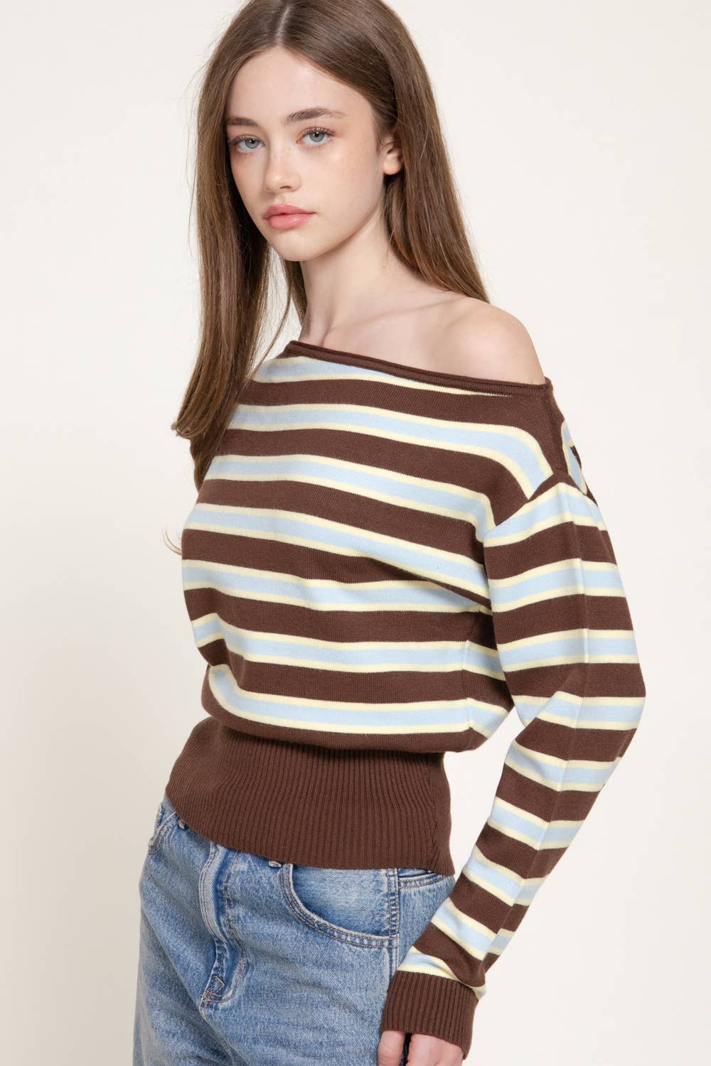 Long Sleeve Asymmetrical Neckline Multi Stripe Sweater Top