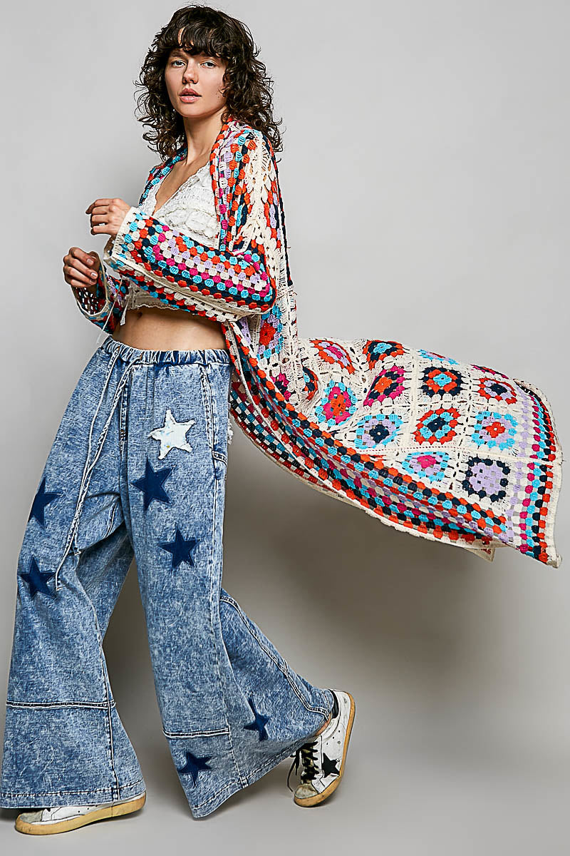 POL Beige Multi Oversized Crochet Knit Cardigan