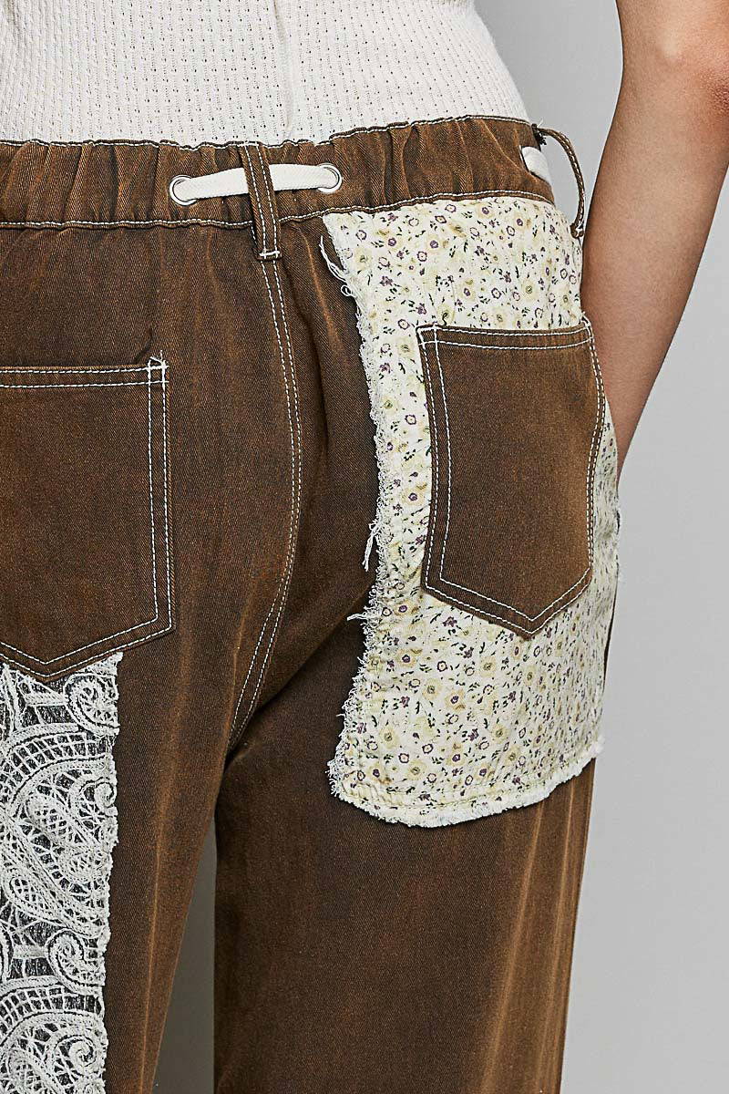 POL Rustic Charcoal Floral Patch Relaxed Denim Pants