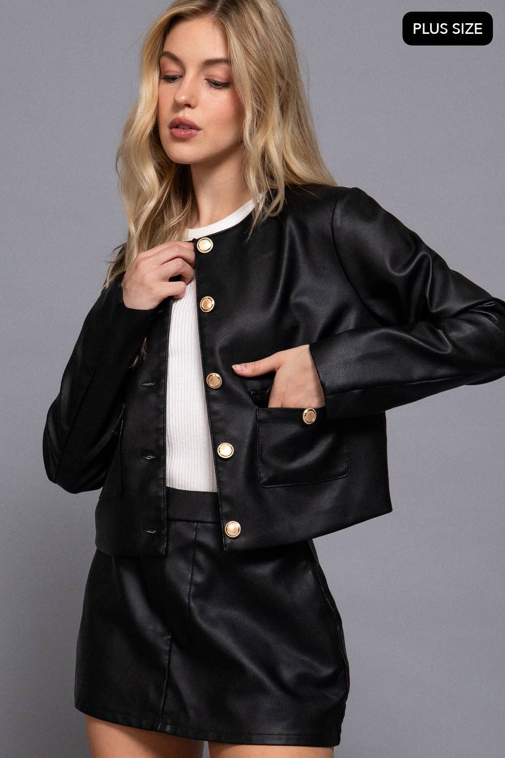 [PLUS SIZE] Long Sleeve Button Down Faux Leather Jacket