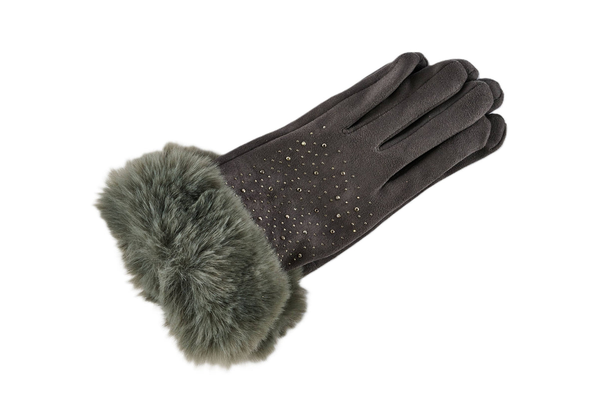 Rhinestone With Fur Cuff Fleece Lined Gloves, 4 Assorted