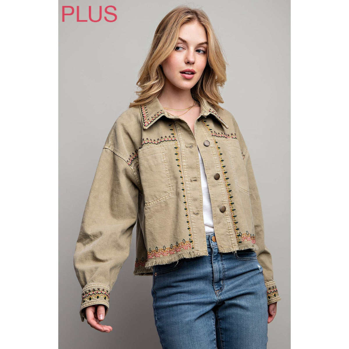 PLUS EMBROIDERED WASH COTTON JACKET