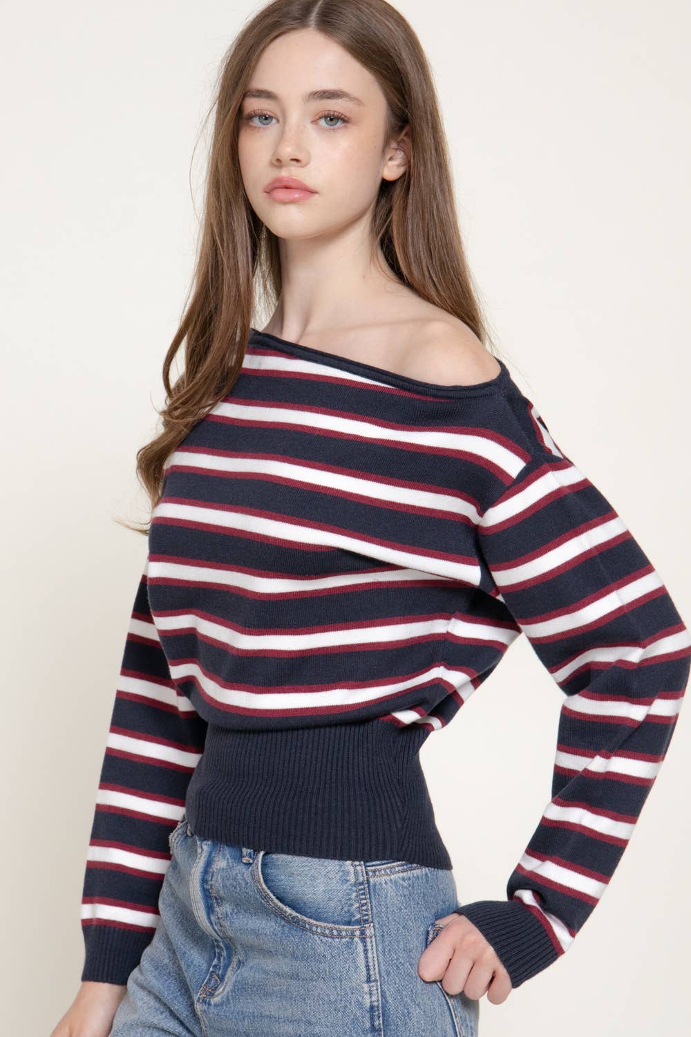 Long Sleeve Asymmetrical Neckline Multi Stripe Sweater Top
