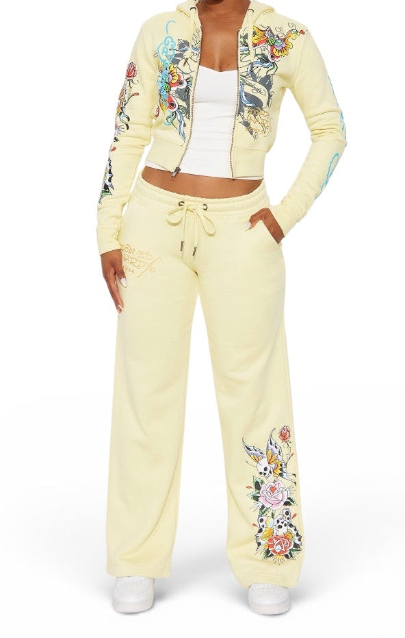 Ed Hardy Enchanted Butterfly Wide Leg Pant - Butter Yellow