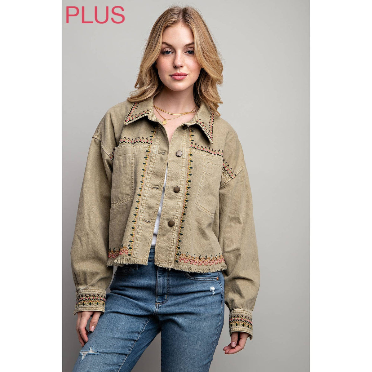 PLUS EMBROIDERED WASH COTTON JACKET