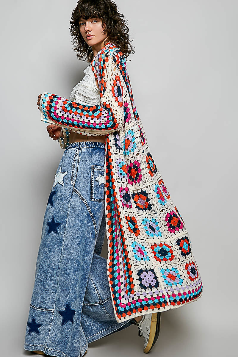 POL Beige Multi Oversized Crochet Knit Cardigan