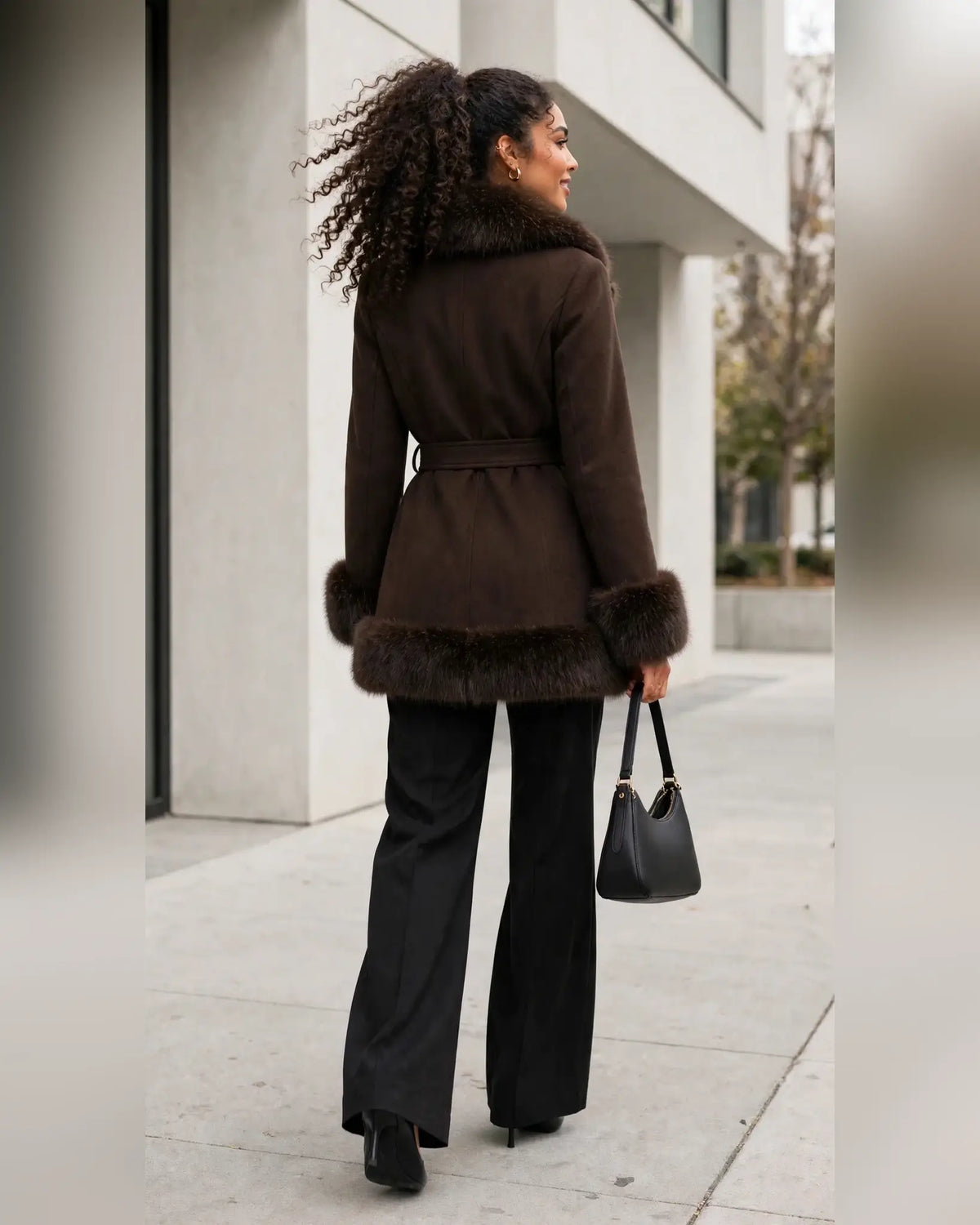 CLAWJ0120: Women's Belted Faux Fur Collar Wrap Coat