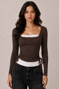 SQUARE NECK FAKE LAYERED LONG SLEEVE TOP