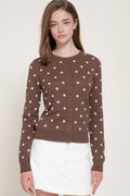 Long Sleeve Crew Neck Button Down Dot Sweater Cardigan