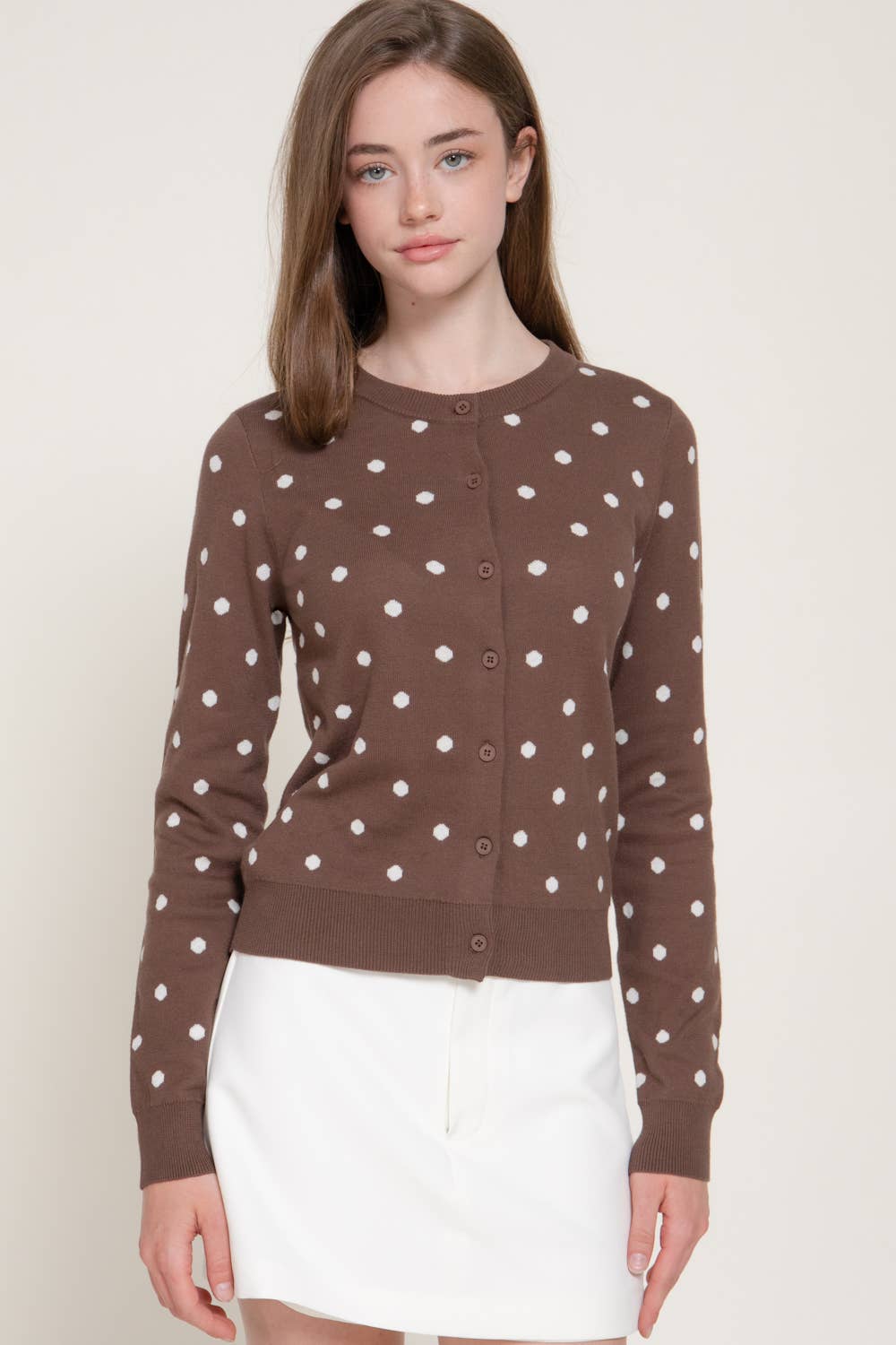 Long Sleeve Crew Neck Button Down Dot Sweater Cardigan