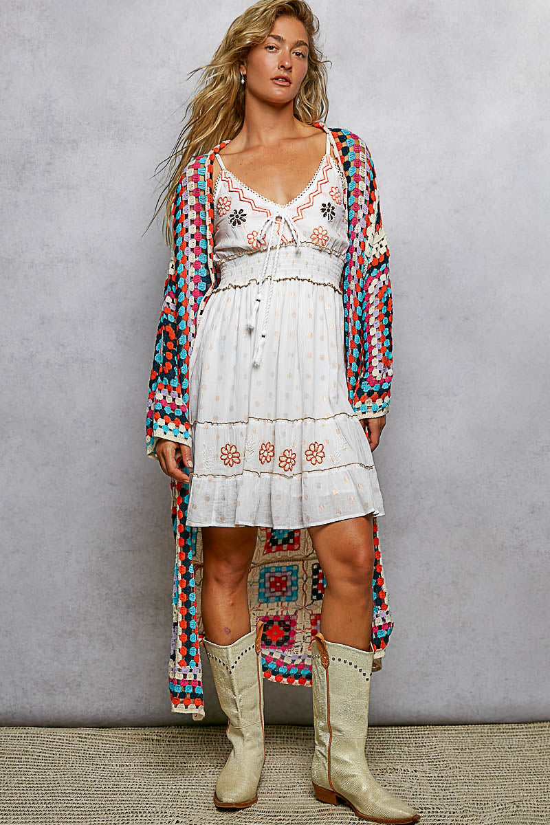 POL Beige Multi Oversized Crochet Knit Cardigan
