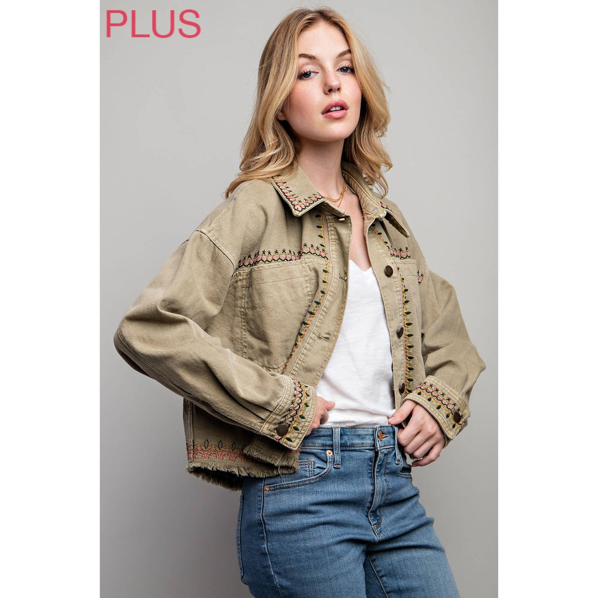 PLUS EMBROIDERED WASH COTTON JACKET