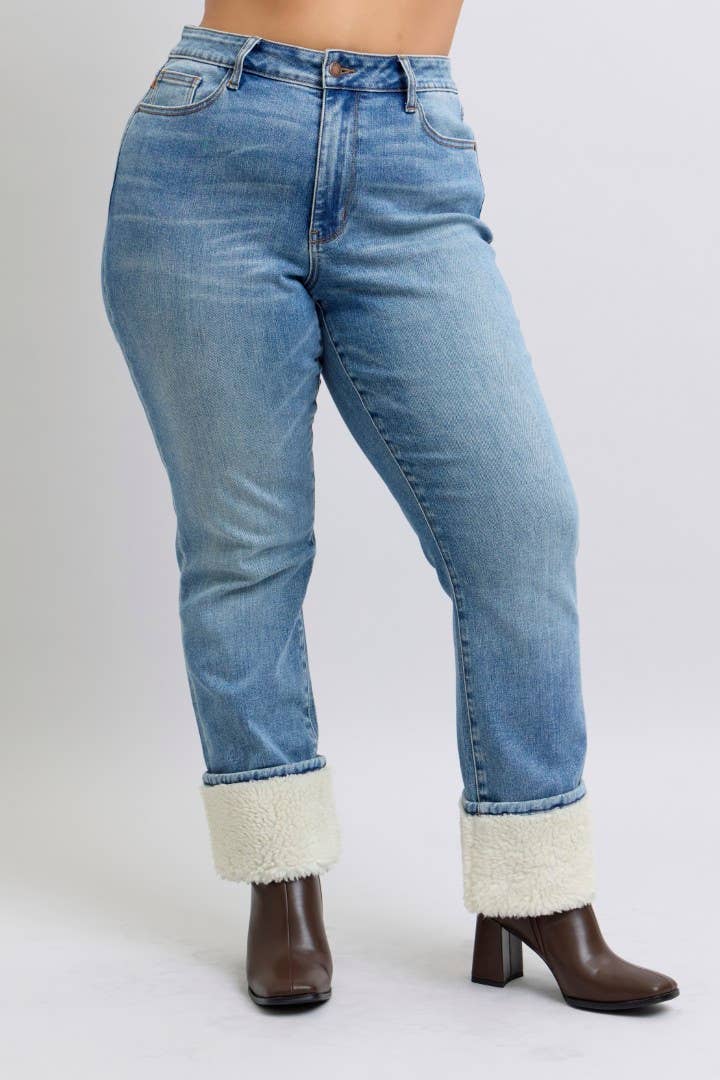 High Waisted Shearling Cuff Straight- PLUS