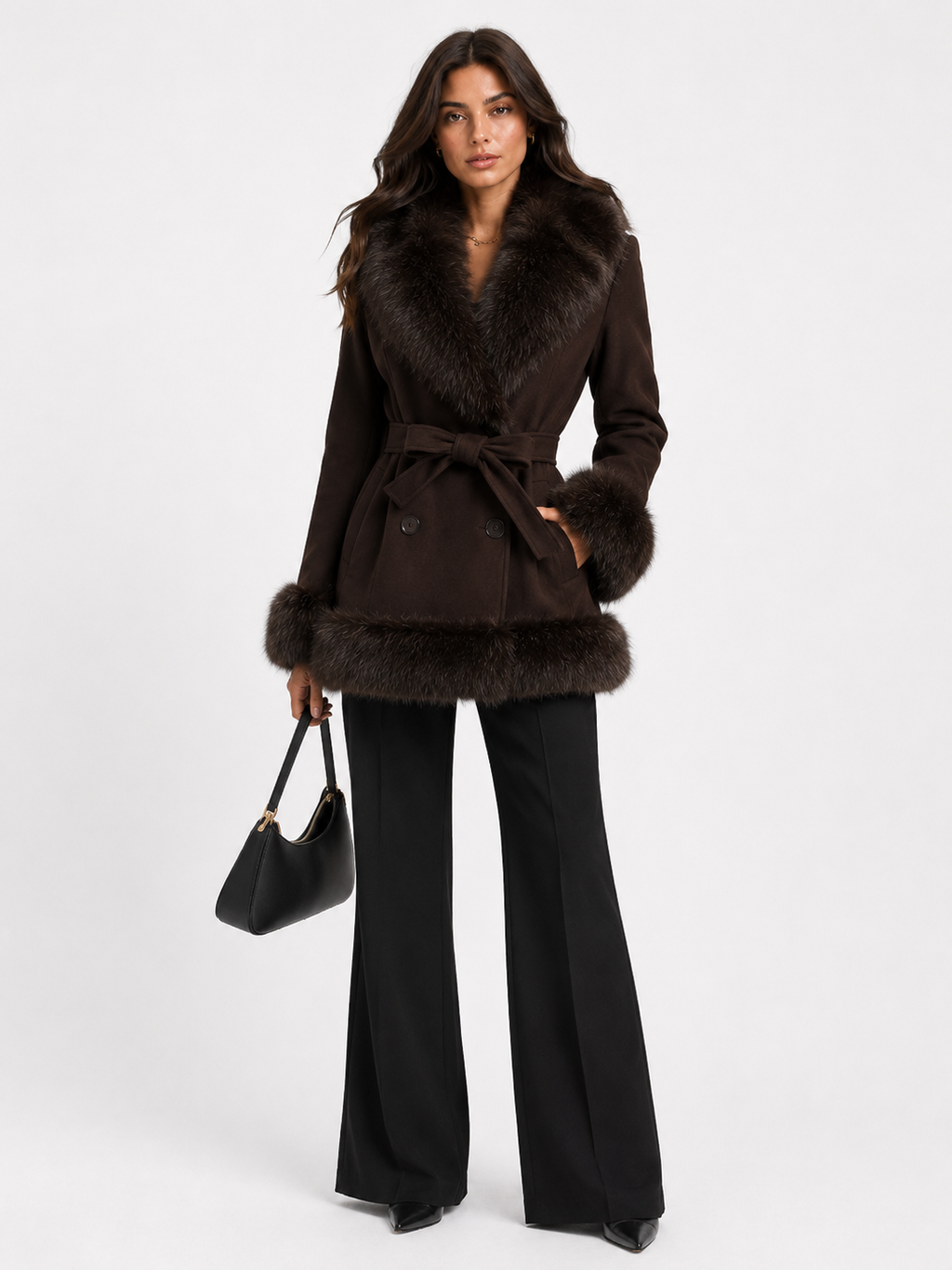 CLAWJ0120: Women's Belted Faux Fur Collar Wrap Coat