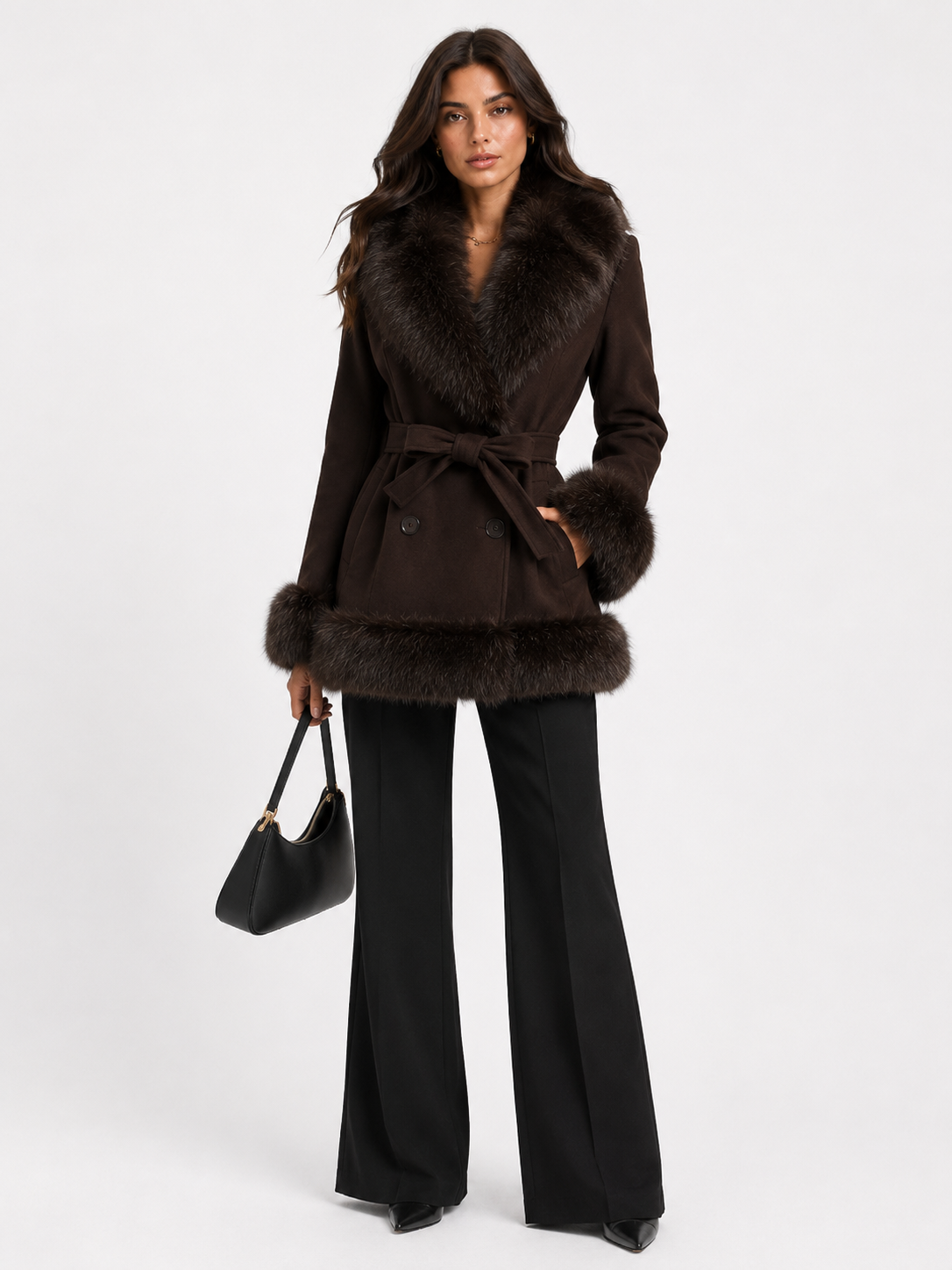 CLAWJ0120: Women's Belted Faux Fur Collar Wrap Coat