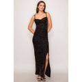 Open Back Cowl Neck Glitter Velvet Maxi Dress