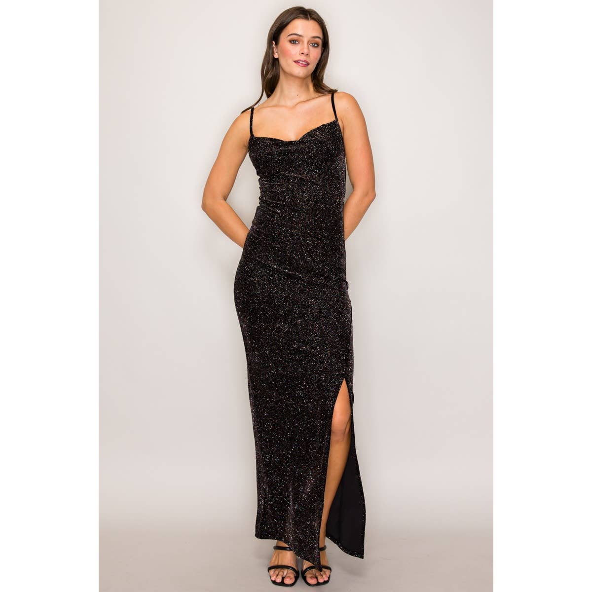 Open Back Cowl Neck Glitter Velvet Maxi Dress