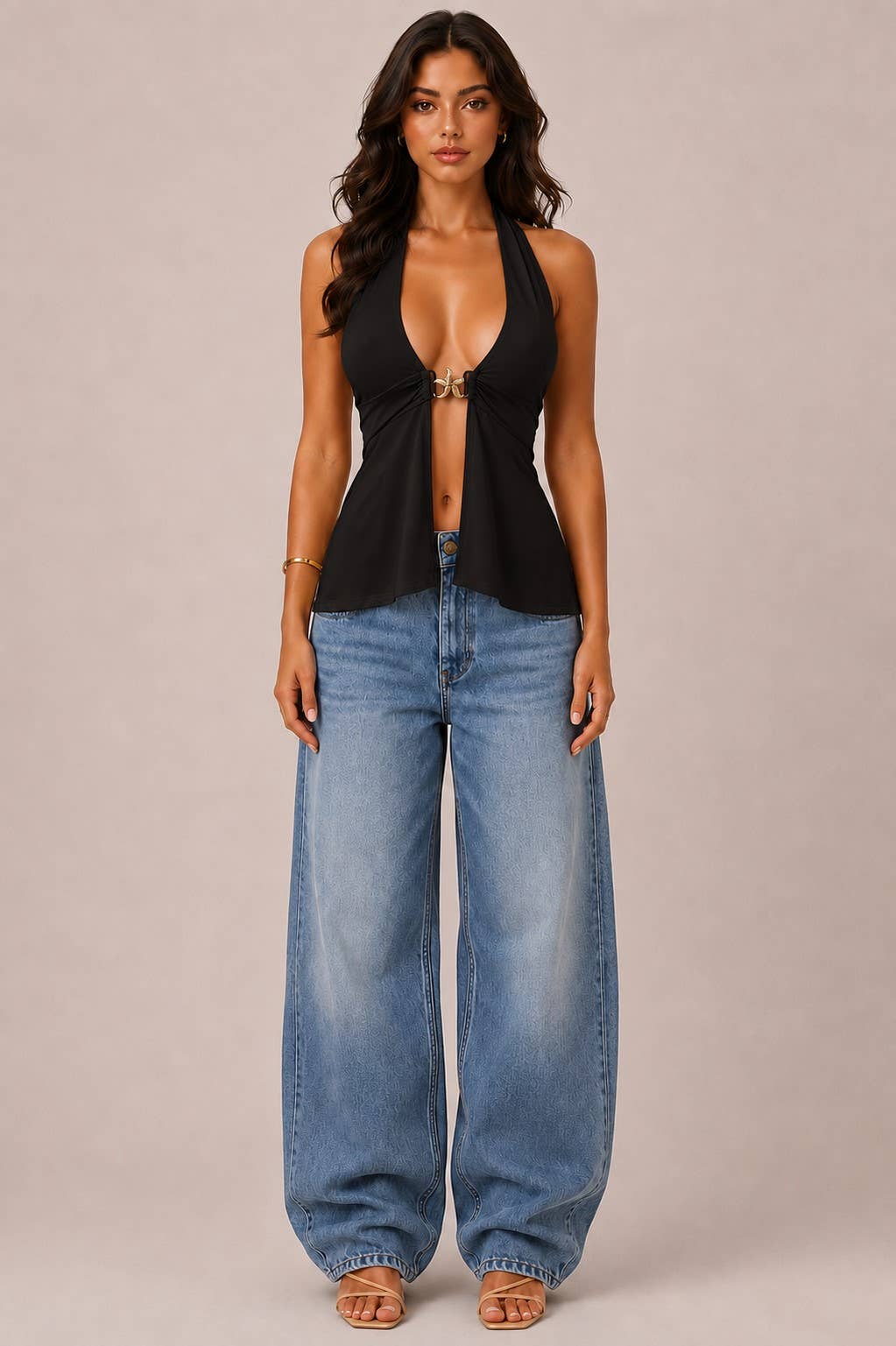 HALTER NECK STARFISH BUCKLE TRIM TANK TOP